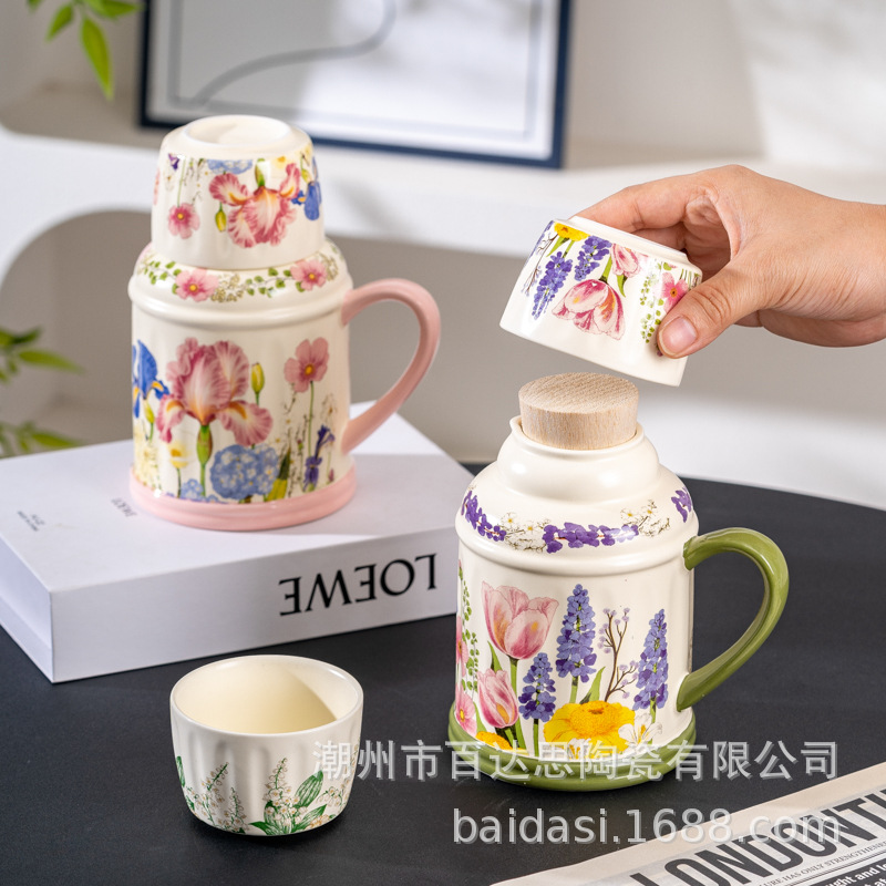 Original Floral Design Ceramic Water Kettle Cup Set Afternoon Tea Tea Cup with Lid High-End Large-Capacity Water Cup Teapot