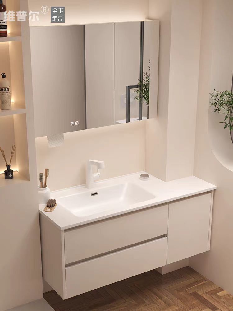Кремовый стиль срезанного угла сланцевый керамический интегрированный умывальник умный шкаф для ванной комбинированный умывальник