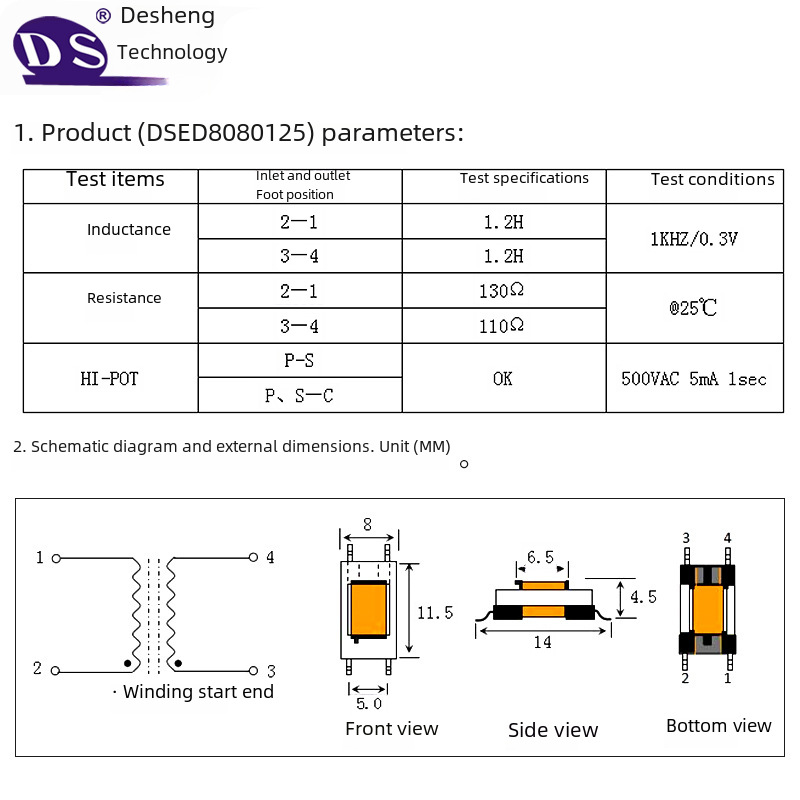 ED8080 125 600/600 audio isolation transformer Permo alloy SMD audio transformer