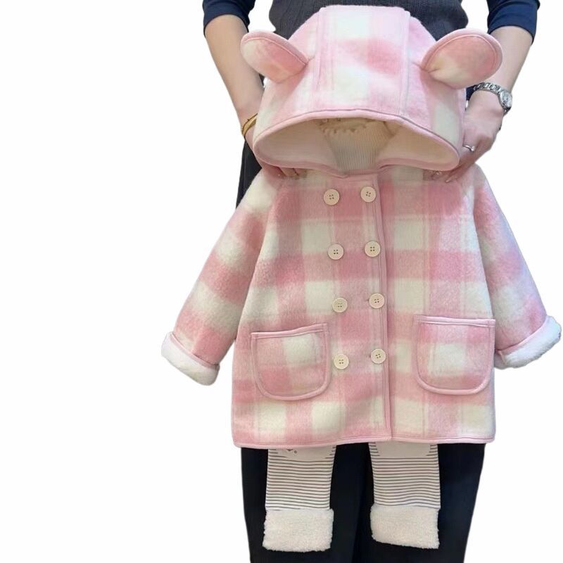 Girls' Wool Coat New Autumn and Winter Stylish Baby Girl Children's Mid-Length Plaid Woolen Coat Cross-Border