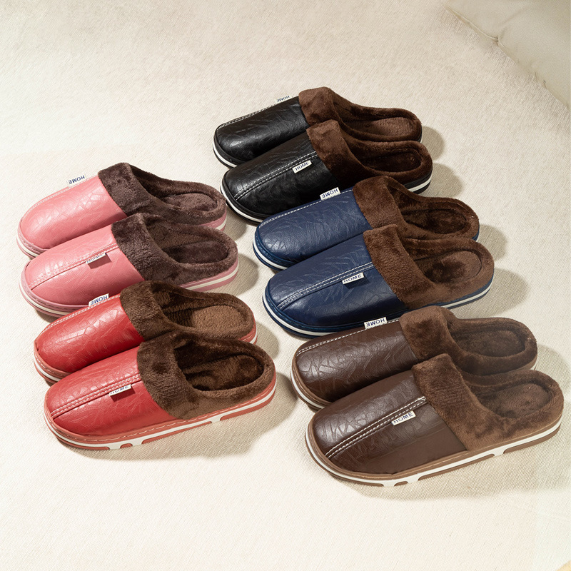 Waterproof Cotton Slippers for Women in Winter Indoor Home Warm Fleece-Lined Cotton Shoes for Men Non-Slip Couple Wool Slippers Thick Sole Home