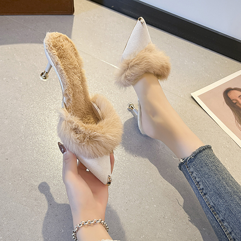 2025 Autumn and Winter Fleece-Lined Korean Style Stiletto Pointed Toe Furry Half Slippers for Outer Wear Baotou High Heel Mule Shoes Lazy Shoes for Women