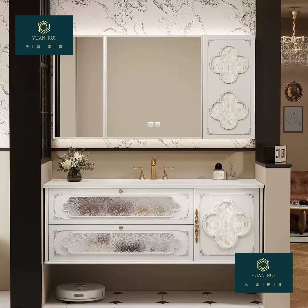 French-Style Rubber Wood New Vintage Bathroom Cabinet Set with Integrated Ceramic Washbasin