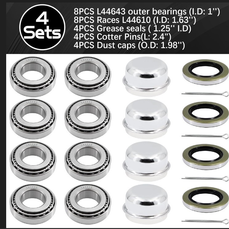 4 Sets Suitable for 1inch Shaft Trailer Hub Bearing Kit L44643/L44610