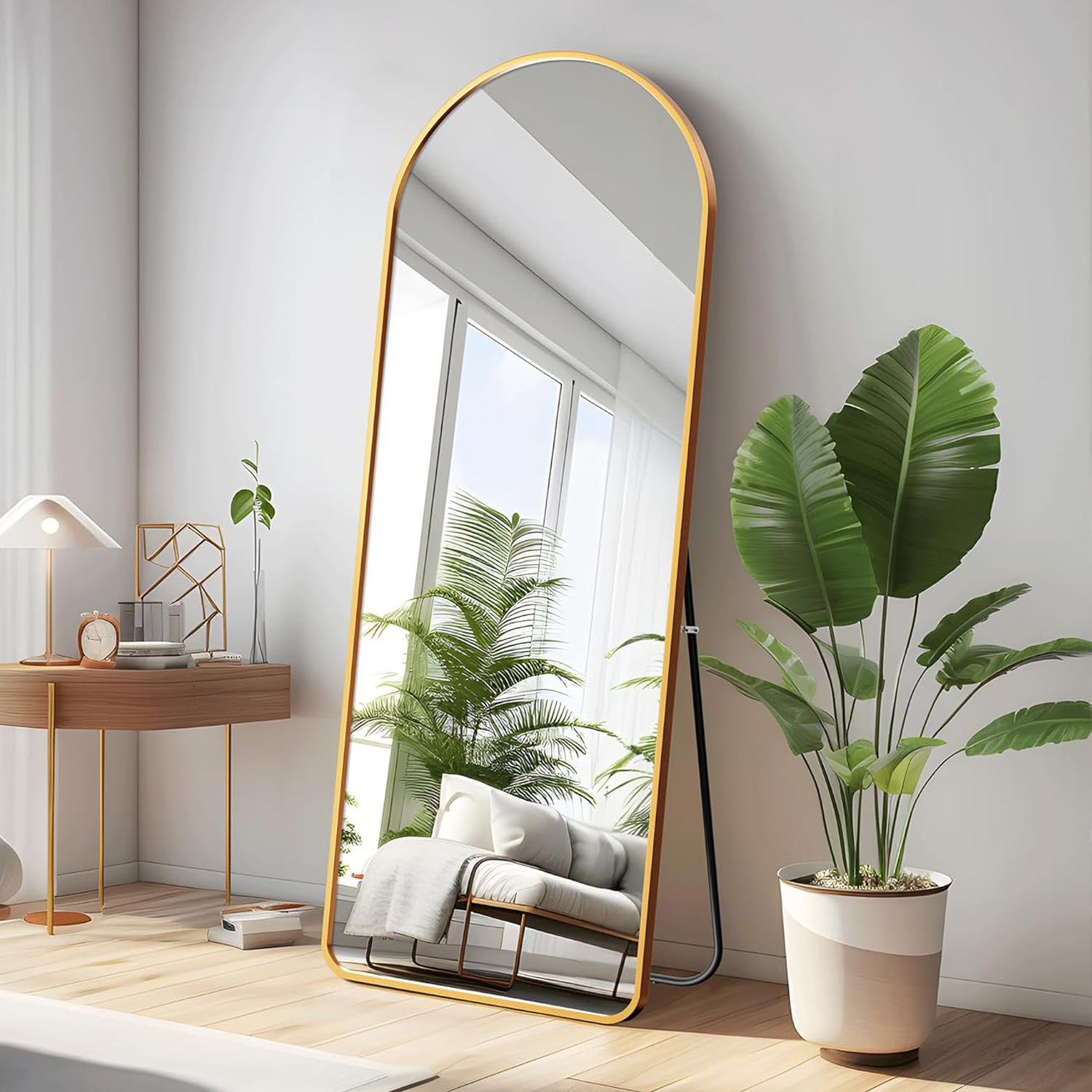 Trendy Semi-Circular Window-Shaped Full-Length Mirror for Bedroom, Wall-Mounted Physical Tempered Standing Mirror, Floor-Standing Fitting Mirror