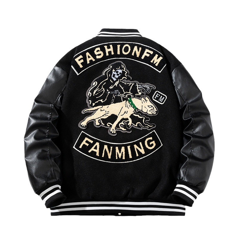 American retro motorcycle baseball uniform men's embroidered couple woolen PU leather jacket cotton and thickening coat fashion
