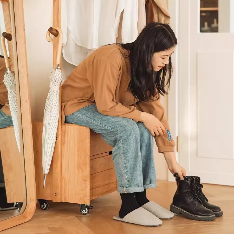 Nordic Household Solid Wood Clothes Hanger Bedroom Floor-Standing Household Clothes Storage Mobile Multi-Functional Vertical Dust-Proof Small Clothes Hanger