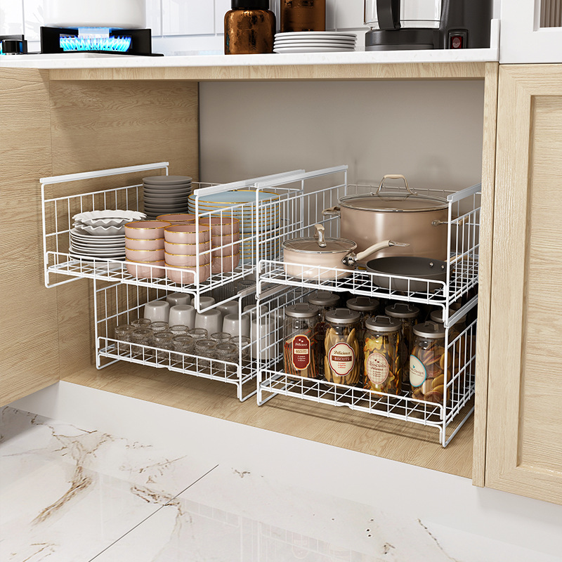 Kitchen Drawer Basket Cabinet Bowl Basket Drawer Dish Seasoning Iron Double Corner Cabinet Drawer Transformation Three-Layer Built-in