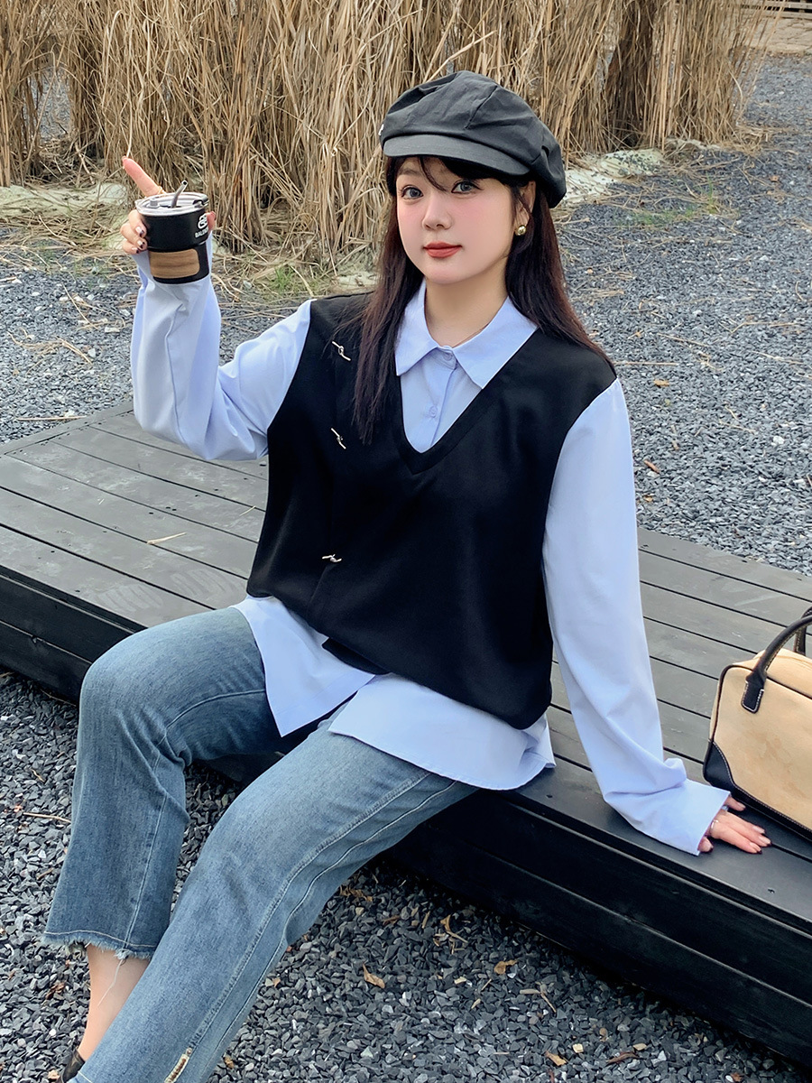 Double Day Plus Size Fat Girl Slimming Look Design Fake Two-Piece Vest Shirt Women's Polo Collar Long-Sleeved Top 8693