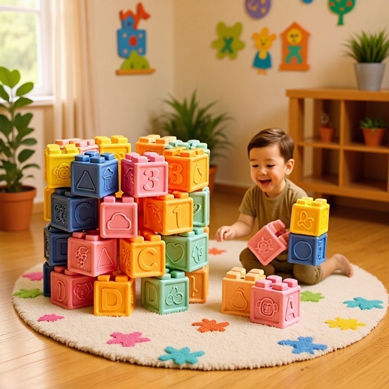 Cross-Border Soft Plastic Baby Building Block Set Jenga Educational Early Education Baby Toys Can Chew and Disinfect Soft Plastic Building Blocks