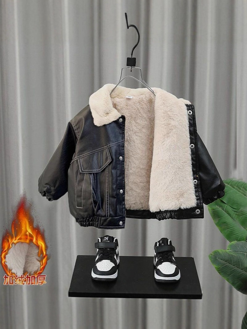 Children's Clothing Boys' Cool and Handsome Leather Jackets New Fashionable Baby Autumn and Winter Clothing Kidsren's Korean Style Velvet Thick Jacket Leather Jackets