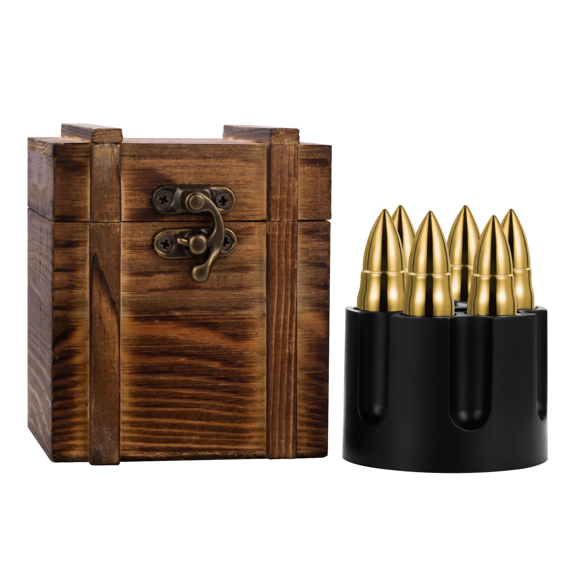 Amazon Bullet Whiskey Stone Set-Wooden Boxed Gold/Silver Ice Cube Bullet Ice Wine Stone