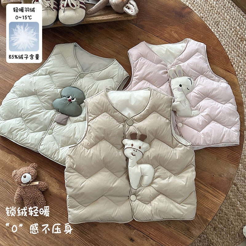 Детский пуховик без рукавов новый стиль, мультяшный жилет из белого утиного пуха для мальчиков и девочек, утолщенный и теплый, класс а