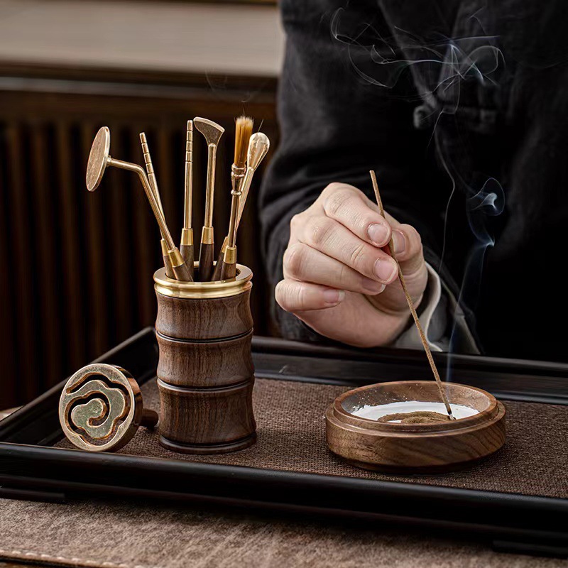 Alloy Incense Stick Pressing and Carving Seven-Piece Set of Incense Accessories Portable Storage Incense Brush Chopsticks Spoon Incense Mold Beginner Tools