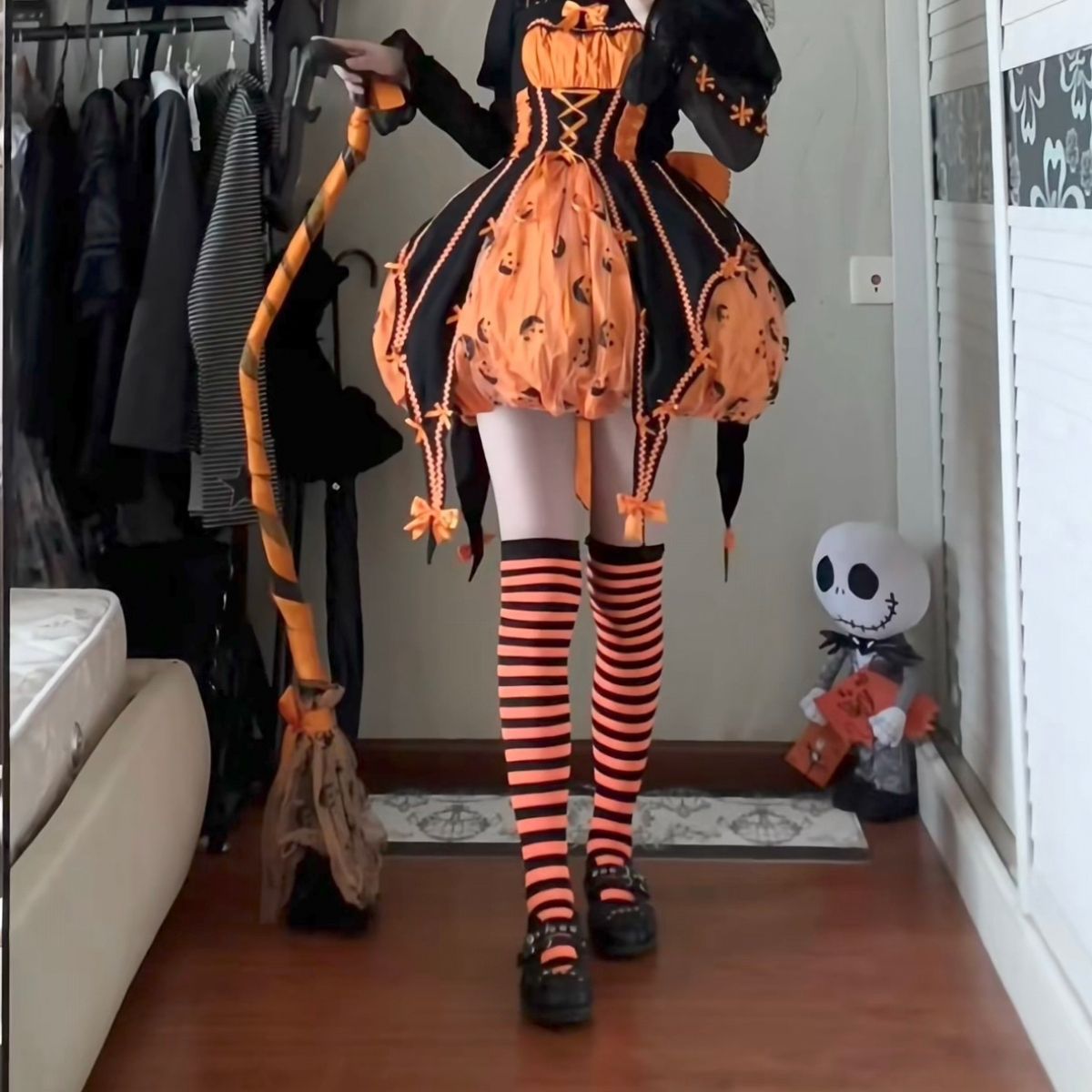 Halloween Over-The-Knee Socks Striped Black and Orange Trendy Influencer Ins Style Unique Japanese Versatile Long Socks Jk Girl