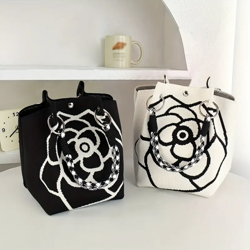 Japanese and Korean New Camellia Flower Knitted Handbag Large Capacity Bucket Bag Casual Versatile Commuter Portable Handbag