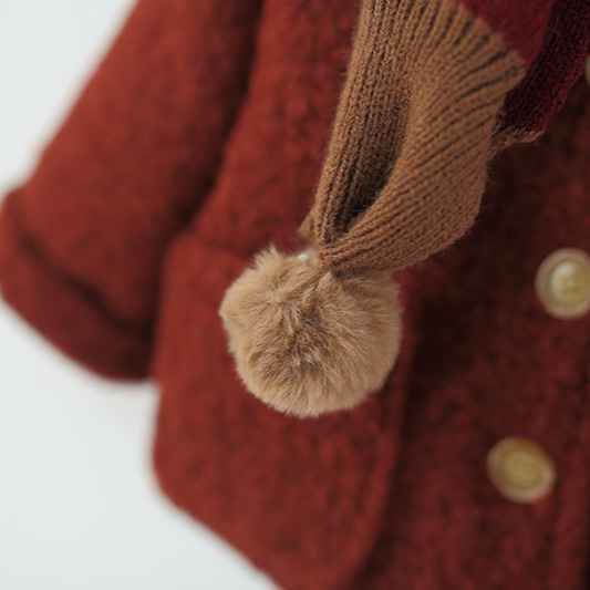 2025 New Winter Pointed Hat Woolen Outwear for Girls, Fleece-Lined and Thickeneded Woolen Outwear with Fur Ball Scarf