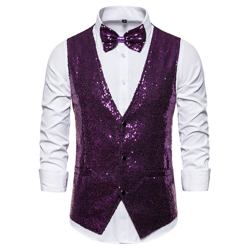 Amazon Men's Stage Performance Clothing Sequin Vest Without Tie Vest for Studio Photography Host Singer