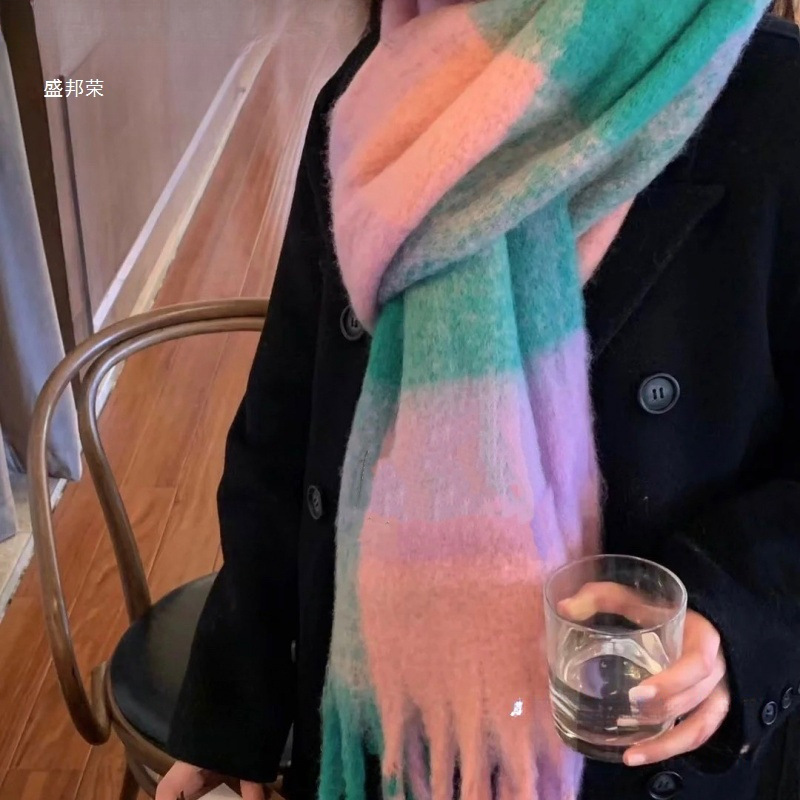 Autumn and Winter New Thickened Warm Rainbow-Colored Plaid Scarf European and American Loop Yarn Thick Tassel Color-Blocking Shawl Universal