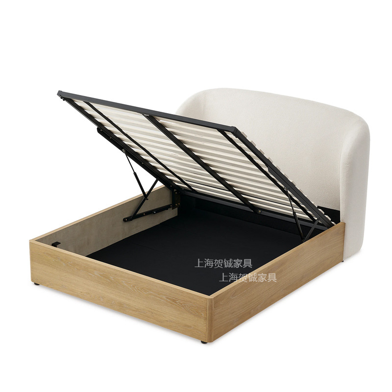 Nordic Wabi-Sabi Style Solid Wood Double Fabric Storage Bed French Mid-Century 1.8m Solid Wood Master Bedroom Upholstered Storage Bed