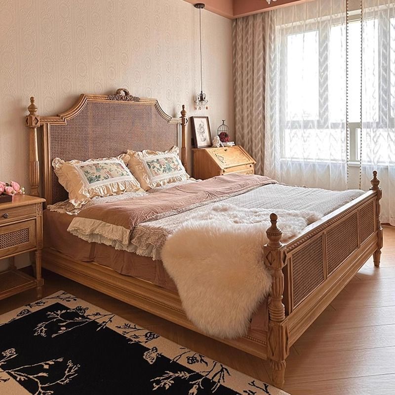 Hepburn Bed French Retro Rattan Bed B&B Hotel Solid Wood 1.8 Double Bed Modern Rattan Master Bed 1.5