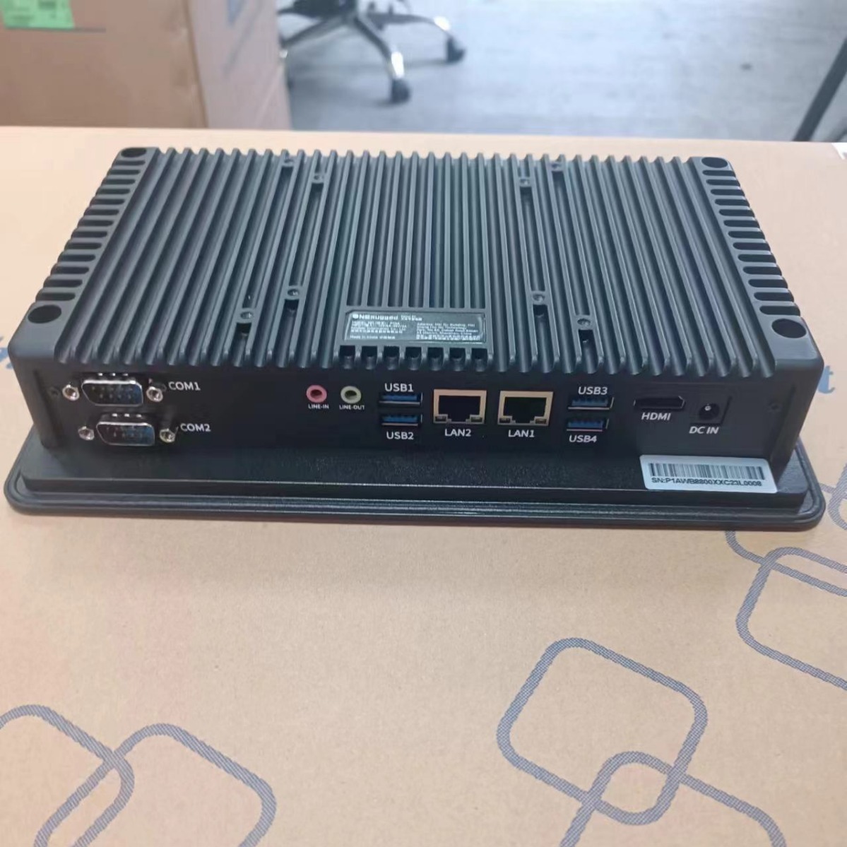 Industrial all-in-one fanless design, two gigabit ports, four USB, two com serial ports,