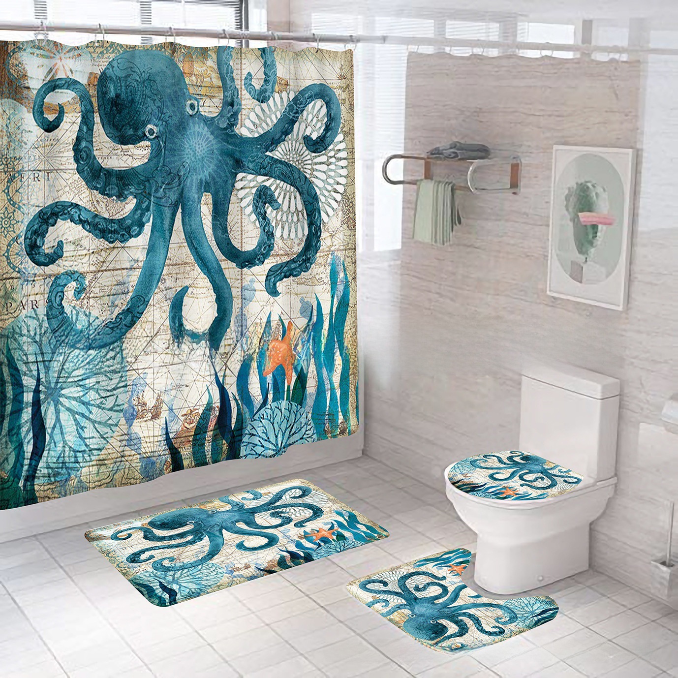 Factory Direct Sales Cross-Border Hot Selling Octopus Series Waterproof and Mildew-Proof Polyester Digital Printing Shower Curtain Four-Piece Set Bathroom Curtain