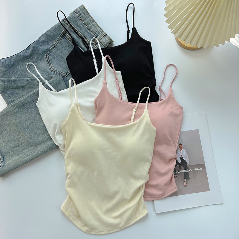New Pure Desire Sweet and Spicy Design Pleated Camisole for Women with Breast Pads for Inner Wear and Outer Wear Slim Back Top Summer