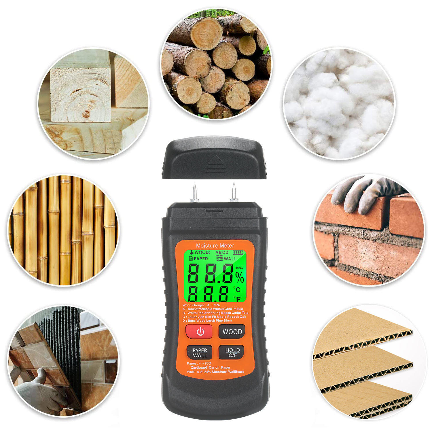 Wood Moisture Tester Needle Plug-In High-Definition Digital Display Thermometer Wood Spot Portable High-Precision Measurement