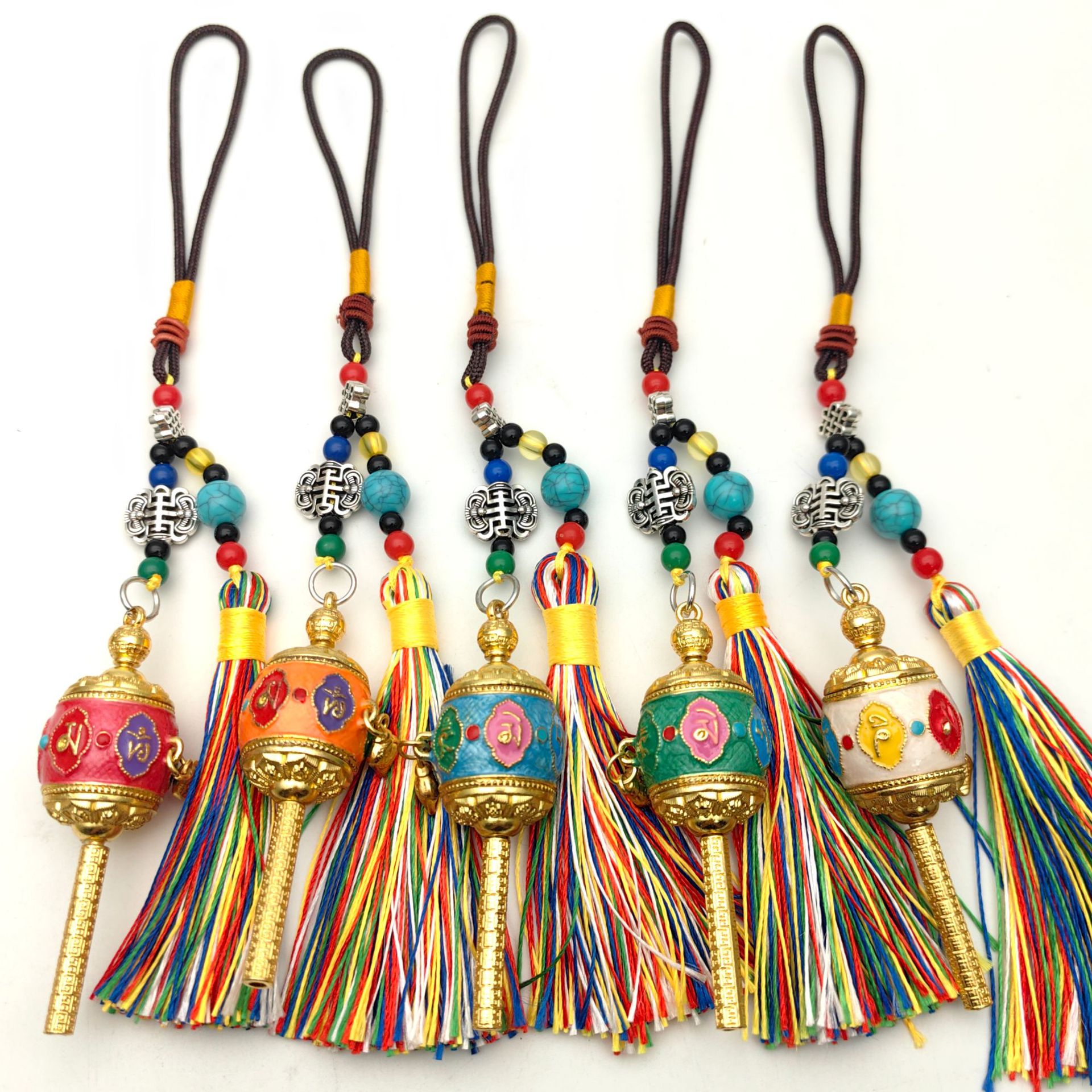 Alloy Painted Prayer Wheel Xizang Small Drum Prayer Wheel Tantric Pendant Car Bag Pendant Source Manufacturer Wholesale