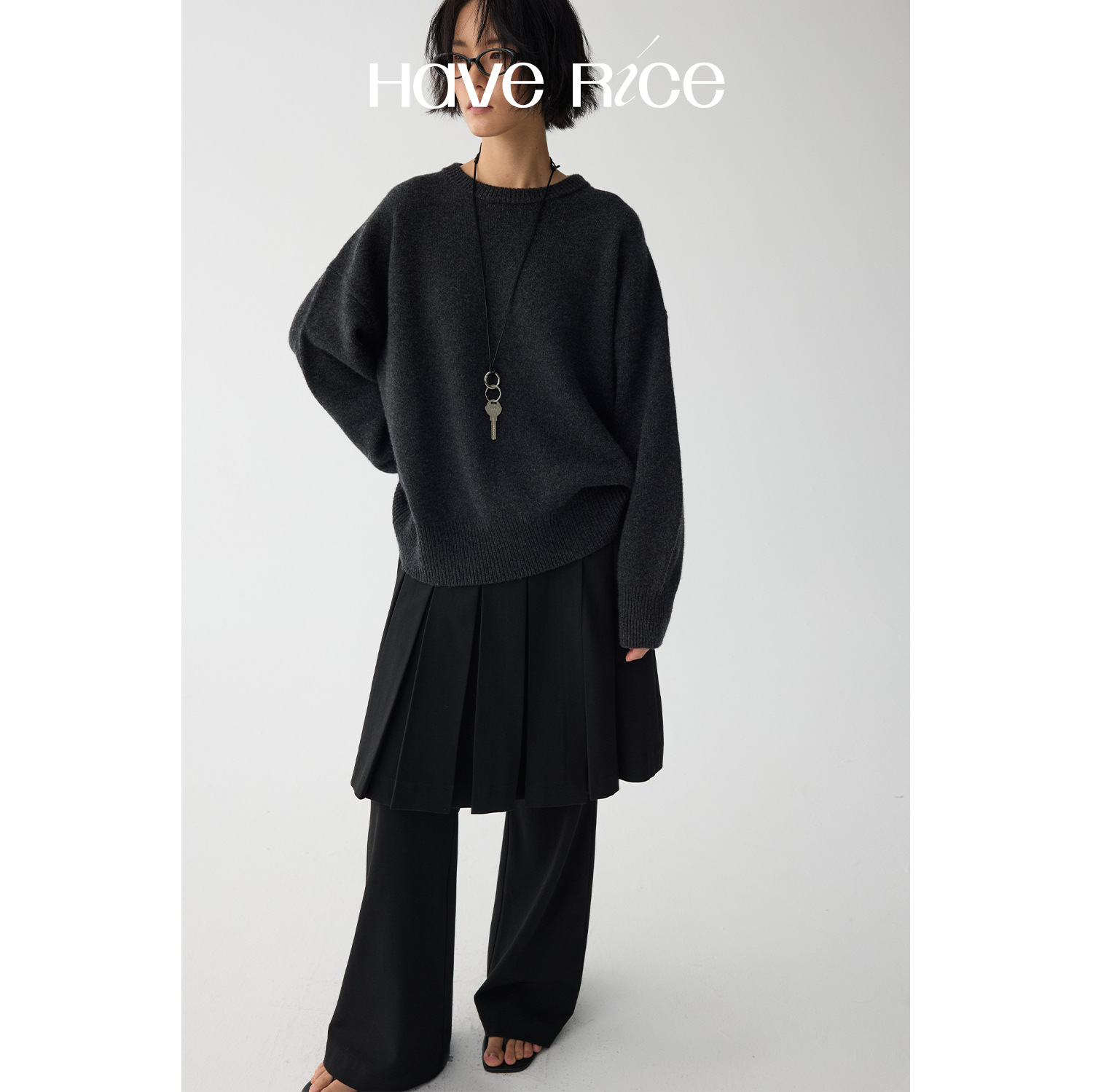 Haverice Restaurant Blues Moment Wool Style Korean Casual Loose Easiest for Match Round Neck Sweater