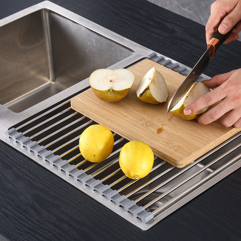 Stainless Steel Folding Drain Rack Silicone Water Filter Rack Roller Shutter Sink Bowl and Chopsticks Fruit and Vegetable Storage Shelf Kitchen Storage Rack