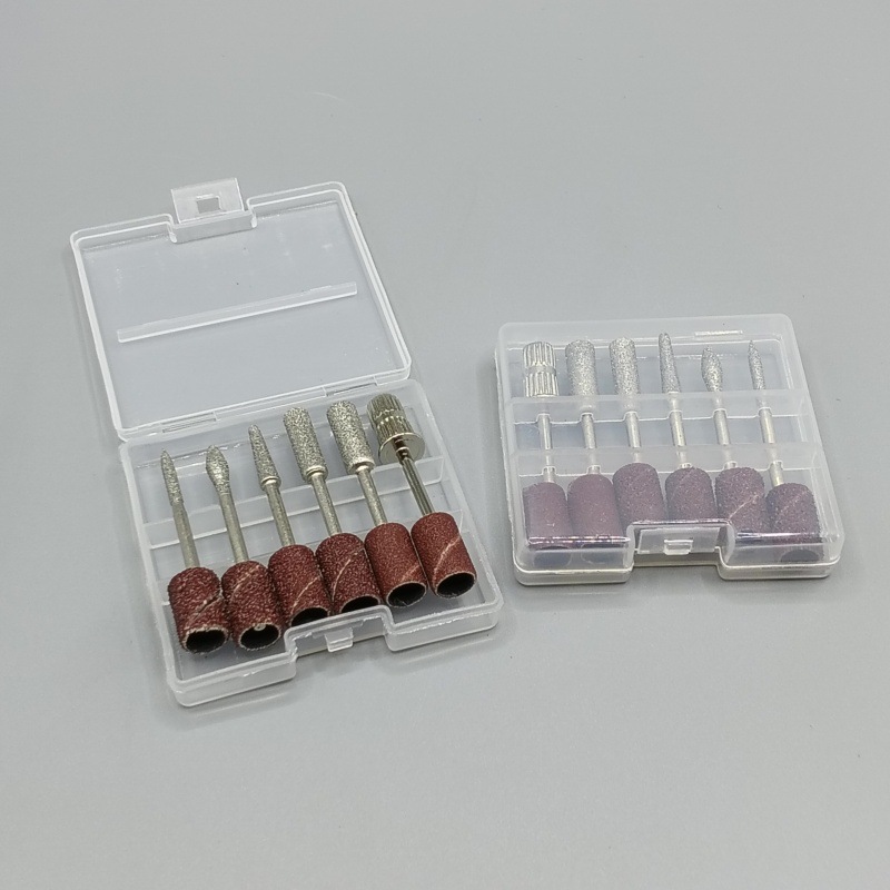 Nail Art Electric Grinding Head Set, Nail Polish Removal 6-Piece Set, Grinding Rod with 2.35 Handle, Grinding Head Set, Polishing Transparent Box