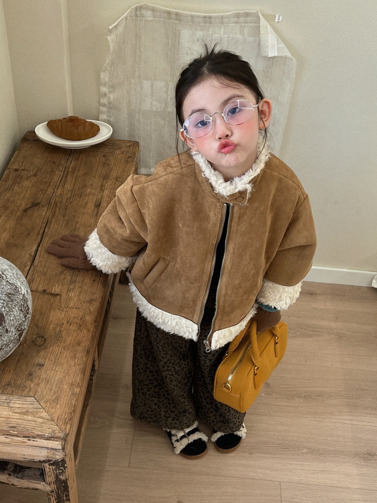 童外套2025冬季新款女童韩系鹿皮绒皮毛一体立领短款慵懒风机车服