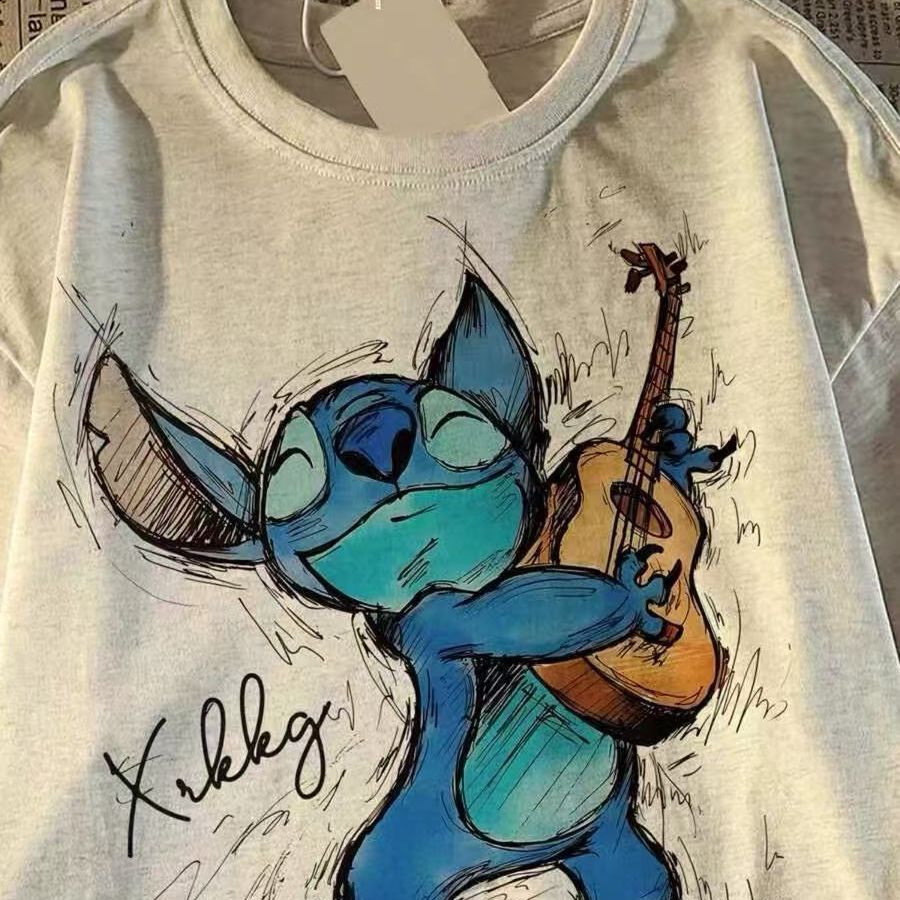 Short-Sleeved Stitch Cartoon Shirt 2025 Summer Printed Loose American Couple Tops Order Lamb Velvet