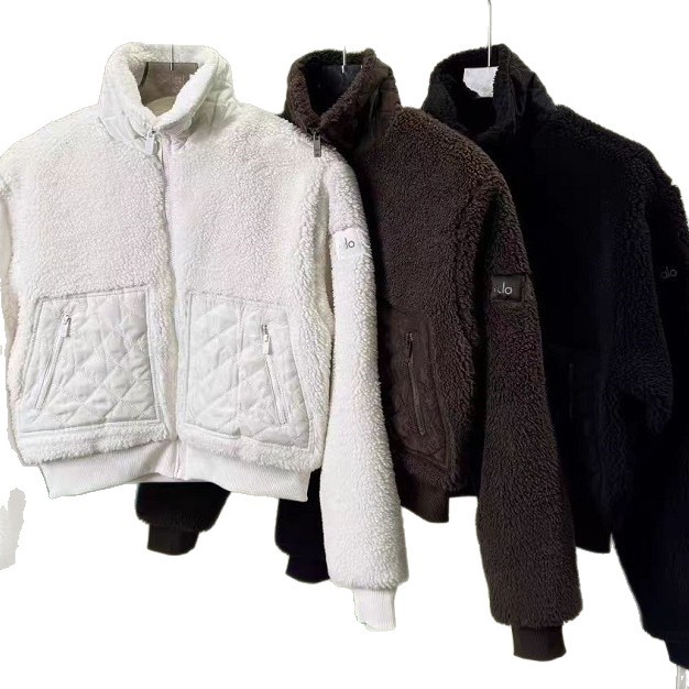 Alo Same Style 25 Autumn/Winter New Lamb Wool Short Coat Thickened Warm Stand Collar Zipper Jacket Cotton Coat