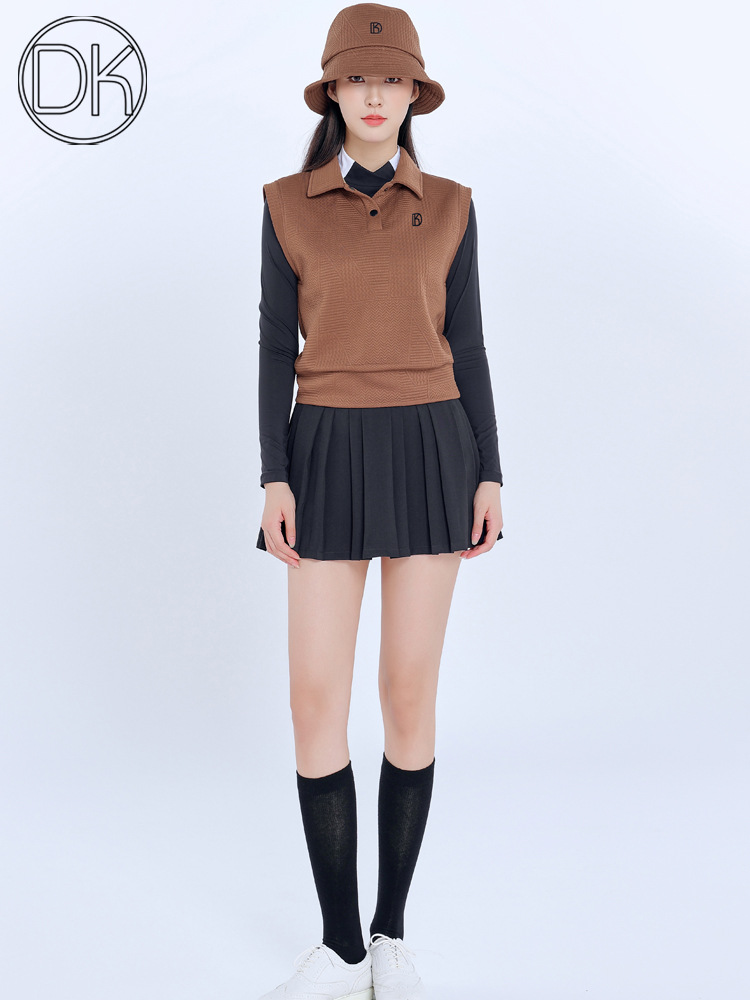 Brown Golf Women's New Sleeveless Vest Autumn and Winter Slim Vest Warm Top Coat Pleated Skirt