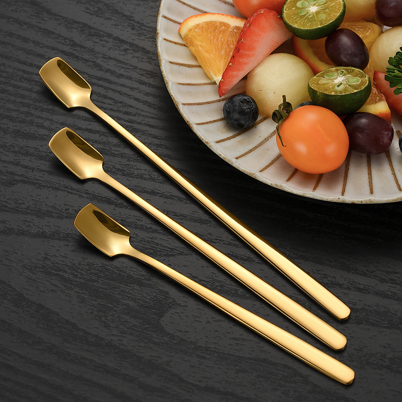 304 Stainless Steel Square Head Spoon Golden Coffee Stirring Spoon Creative Long Handle Bar Ice Spoon Mug Gift Spoon