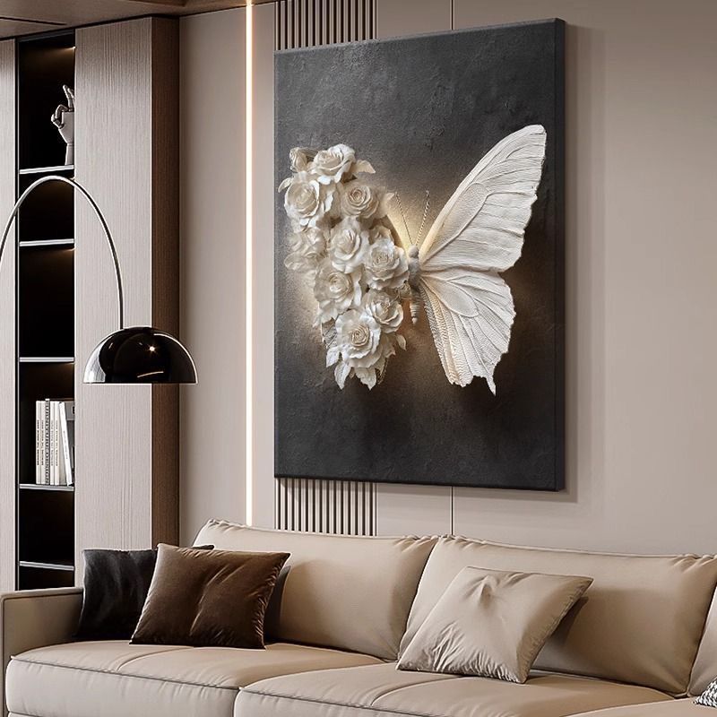 蝴蝶高级感黑白玄关装饰画立体感客厅沙发浮雕背景墙壁挂画落地画