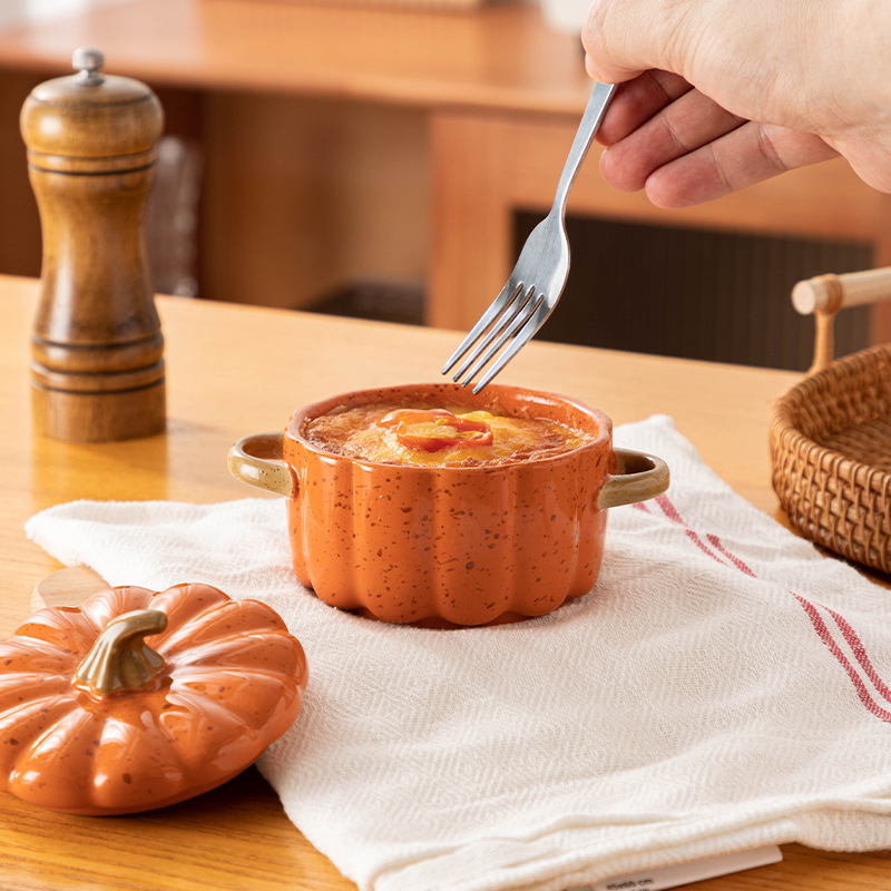 Creative Pumpkin baking bowl with lid ceramic baking tableware dessert soup bowl water-proof stew bowl household steamed egg pumpkin bowl