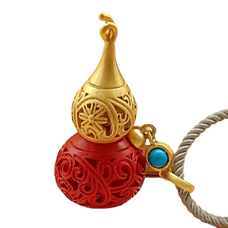 Creative Gift Imperial Sand Natural Red Cinnabar Gourd Pendant Pendant Carving Golden Lotus Pattern Keychain Clothing Accessories