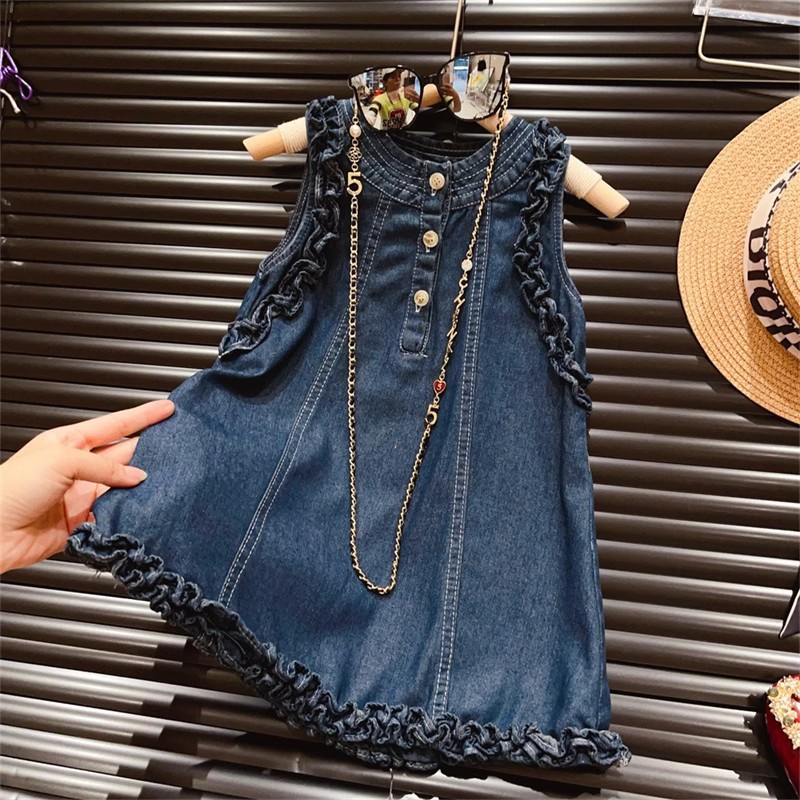 New Summer Wear Korean Style Children's Wear Girl's Ear Edge Solid Color Washed Denim Skirt Stylish Classic Vest dress Trendy