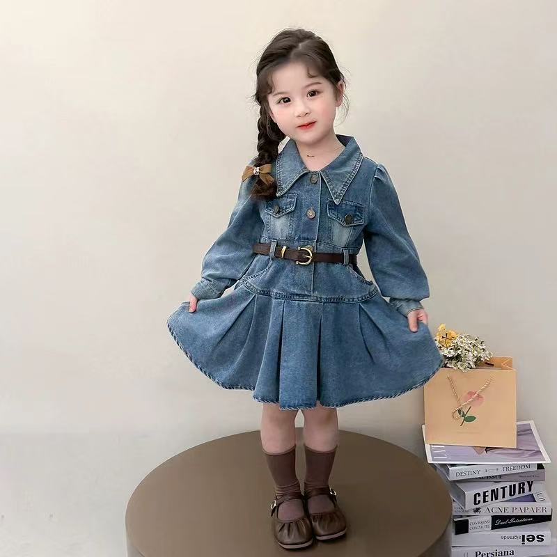 Girls Korean Polo Collar Cotton Denim Skirt 2025 Spring and Autum New Kidsren's Fashionable Retro Style Dress