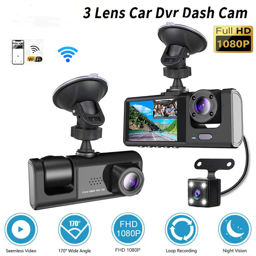Cross-border driving recorder HD night vision 1080P car front car rear 2 inch three-lens car WIFIC309