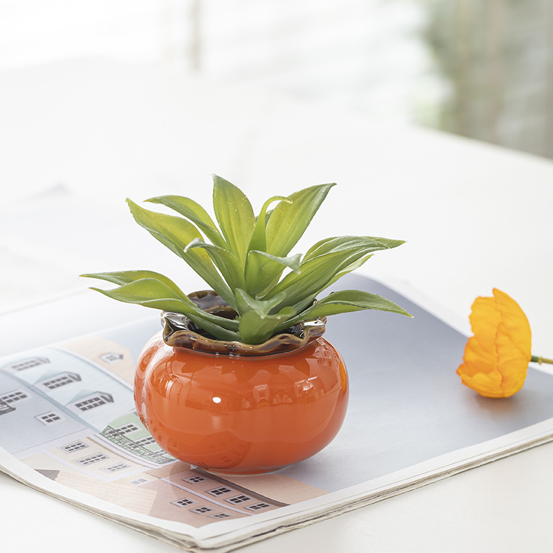 Creative Persimmon Green Flower Hydroponic Flower Pot Simple Ceramic Water-nourishing Green Plant Vase Indoor Desktop Decorative Container Ornaments