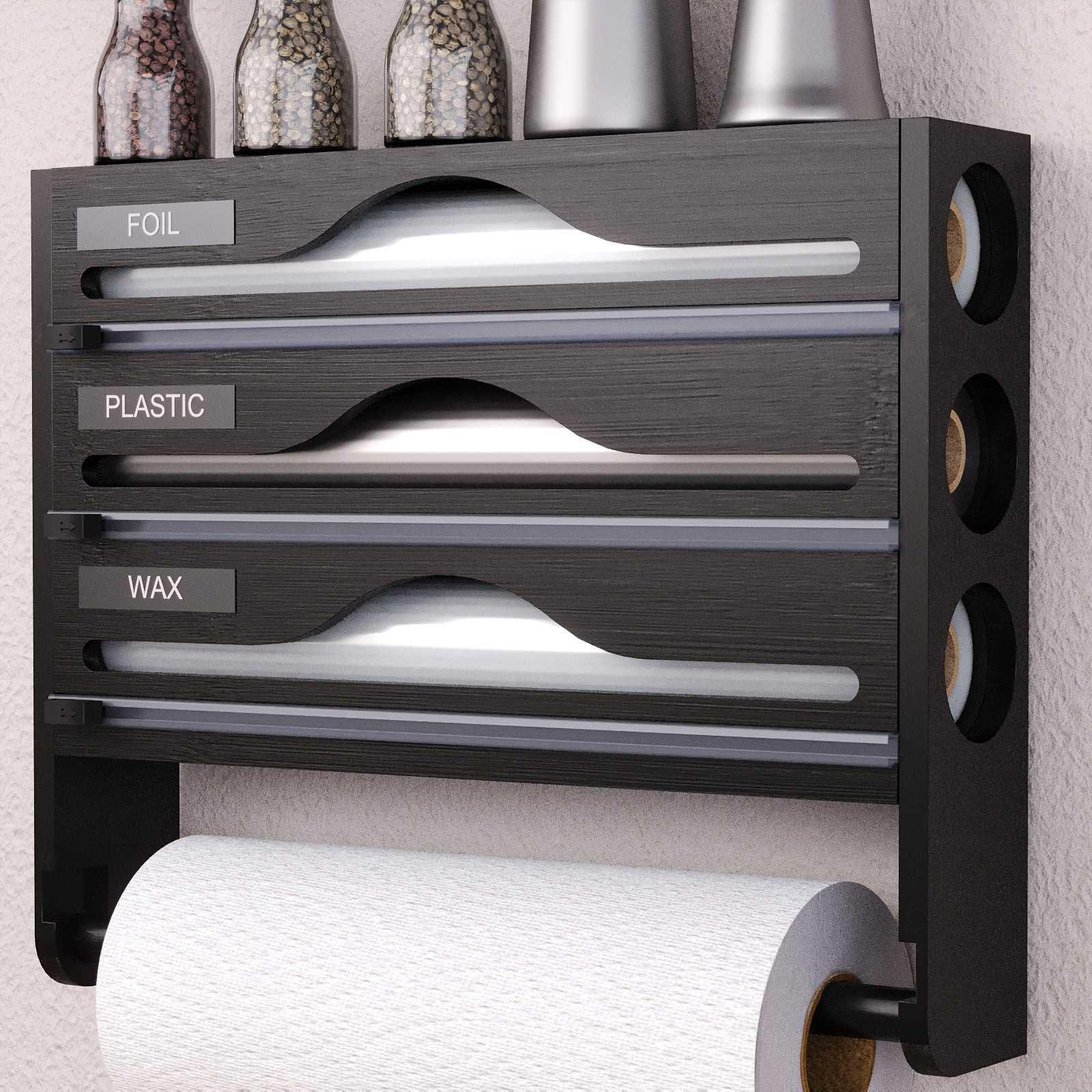 Kitchen plastic wrap cutter box with kitchen paper rack three-in-one storage rack foil parchment bamboo storage box