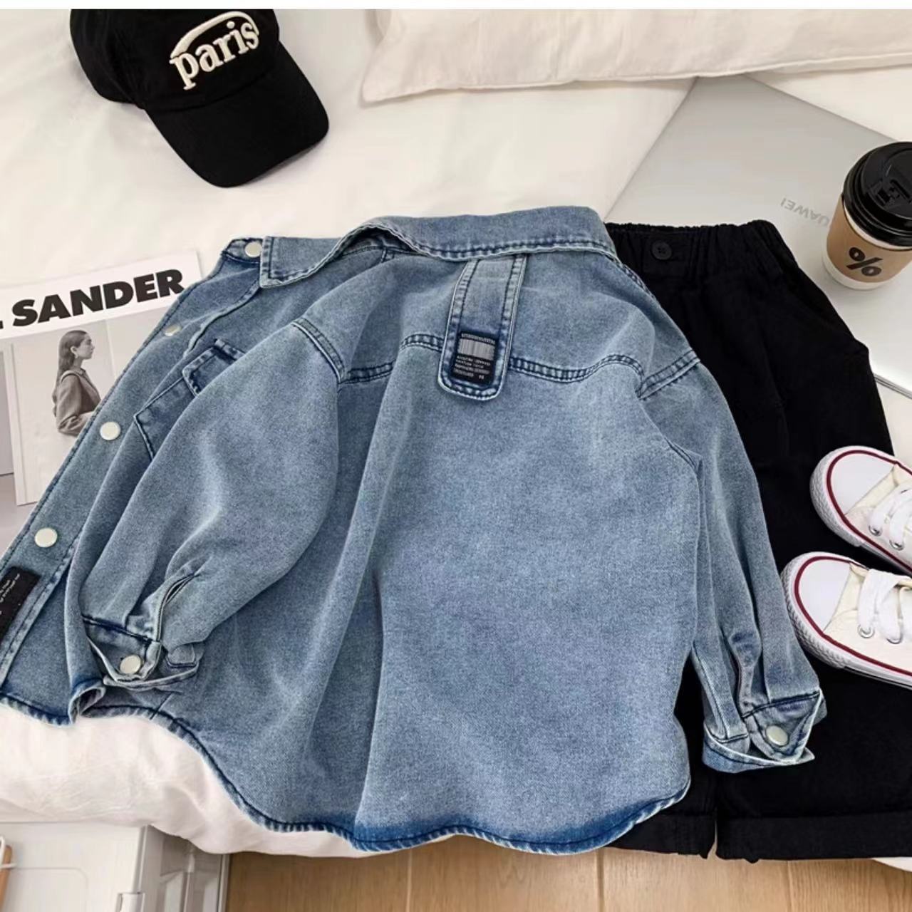 New Children's Denim Shirt Spring and Autumn Top for Young Children Stylish Turn-Down Collar Jacket Boys and Girls Long-Sleeve Trendy Style