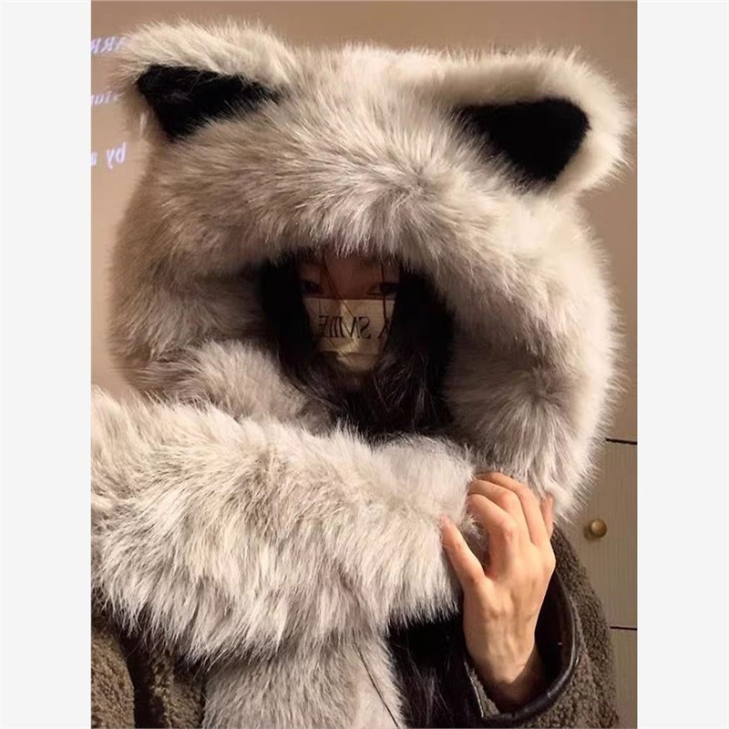 Шапка и шарф из толстого плюша с ушками лисы, зимний теплый и холодостойкий женский комплект