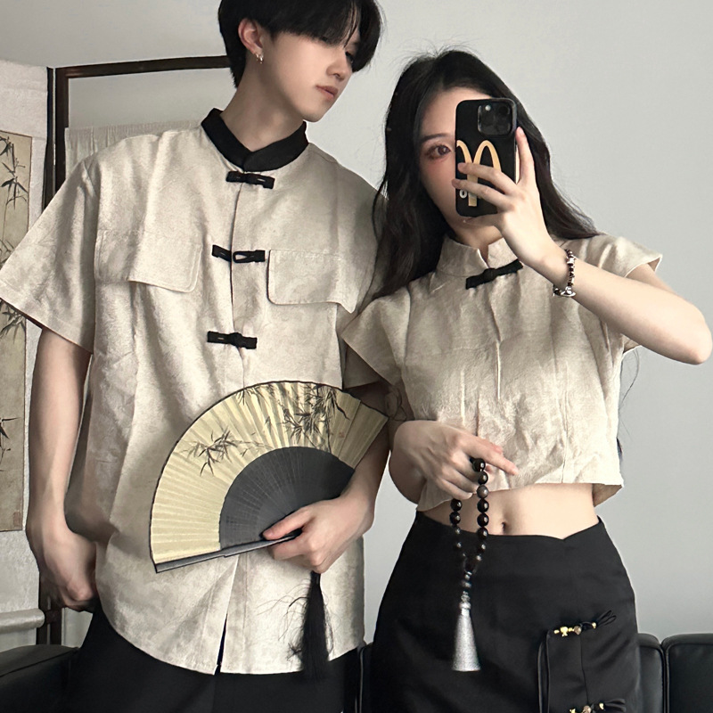 New Chinese Style Men's and Women's Chinese Style Jacquard Shirt with Vertical Collar Modified Women's Short Long Skirt Hanfu Republic of China Tang Suit Men's Style