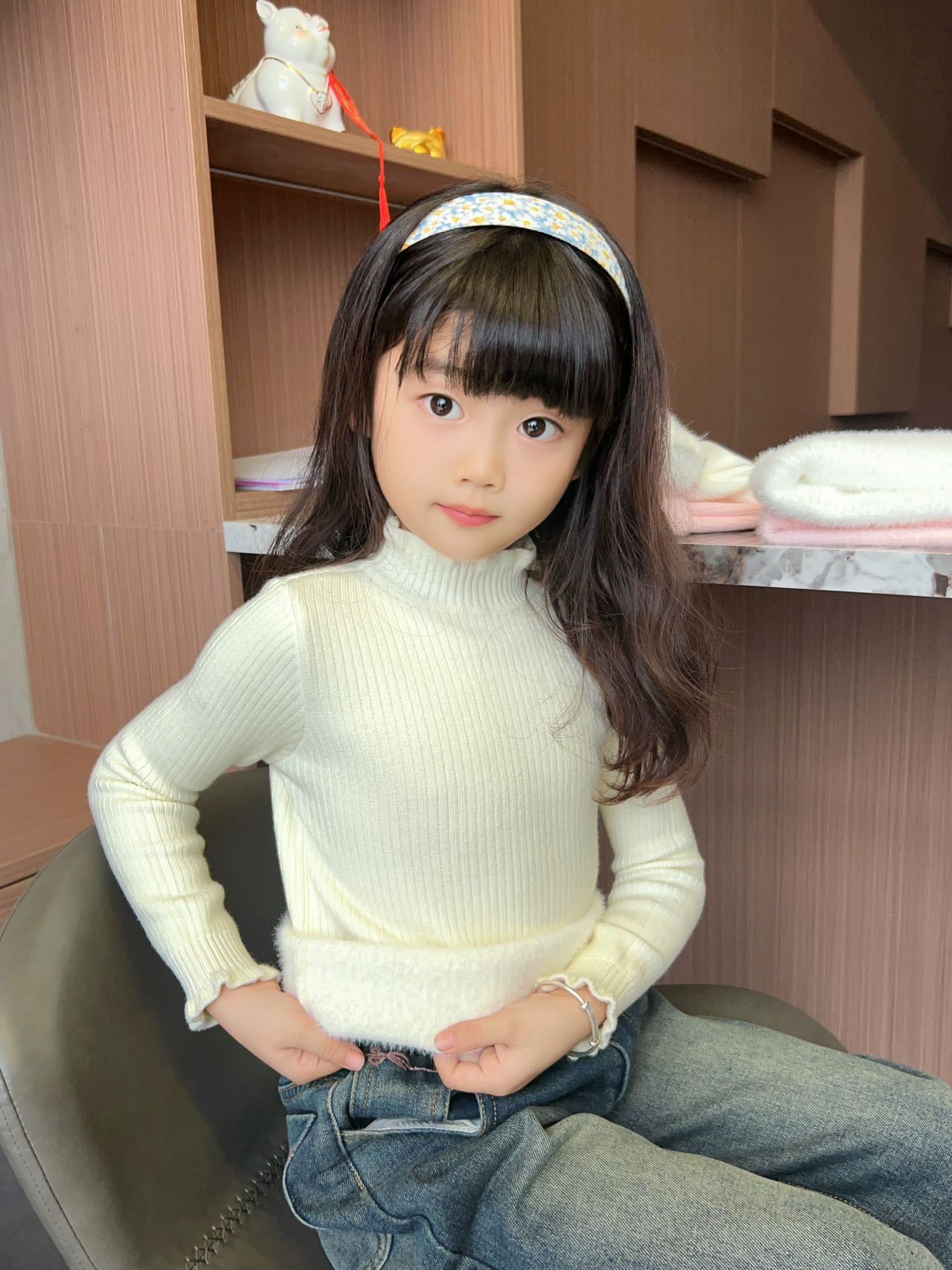 New Kidsren's All-In-One Velvet Knitwear Fleece-Lined Korean Style Fungus Lace Collar Bottoming Shirt Baby Warm Knitwear Kidsren's Clothing